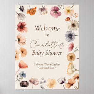 Aquarell-Blumen-Beige-Baby-Shower-Willkommen Poster