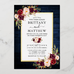 Aquarell-Blumen Blau Holz Hochzeit Gold Folieneinladung