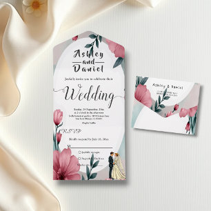 Aquarell-Blumen Braut und Bräutigam Elegante Hochz All In One Einladung
