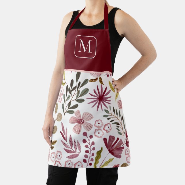 Aquarell-Blumen Burgund & Rosa Monogramm Schürze (InSitu)