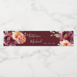 Aquarell-Blumen-Burgunder-Hochzeit Wasserflaschenetikett