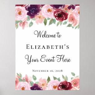 Aquarell-Blumen-Burgunder-Rosé für jedes Ereignis Poster