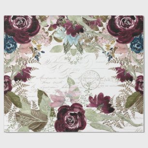 Aquarell-Blumen-Burgunder und Navy-Schrift-Decoupa Geschenkpapier