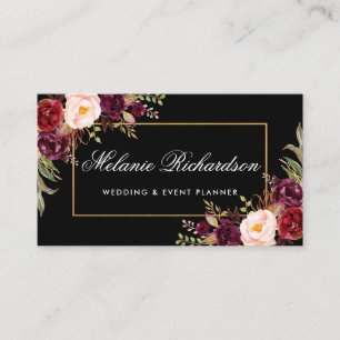 Aquarell-Blumen Burgunderrot Schwarz Gold Visitenkarte
