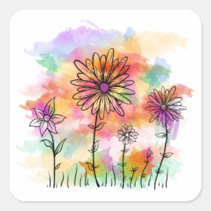 Aquarell-Blumen-Doodle Quadratischer Aufkleber