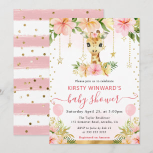 Aquarell-Blumen-Dschungel-Giraffe-Baby-Party Einladung