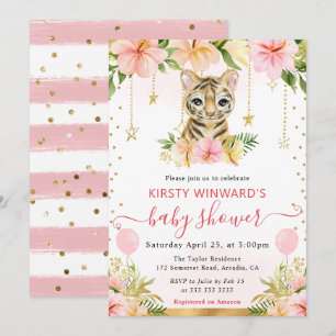 Aquarell-Blumen-Dschungel-Tiger-Baby-Party Einladung