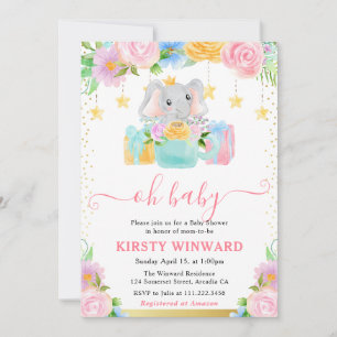 Aquarell Blumen Elefant Babyparty Einladung