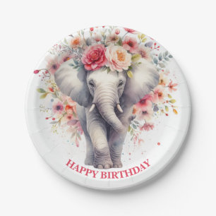 Aquarell-Blumen-Elefant-Geburtstag Pappteller