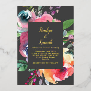 Aquarell-Blumen Elegantes Skript Lux-Hochzeit Gold Folieneinladung