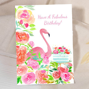 Aquarell-Blumen, Flamingo und Kuchengeburtstag Karte