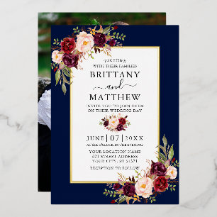 Aquarell-Blumen-Foto-Hochzeit Blau Gold Folieneinladung
