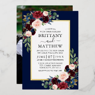 Aquarell-Blumen-Foto-Hochzeit Blau Gold Folieneinladung