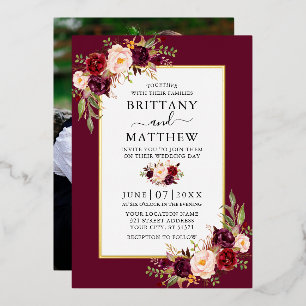 Aquarell-Blumen-Foto-Hochzeit Burgunderrot Gold Folieneinladung