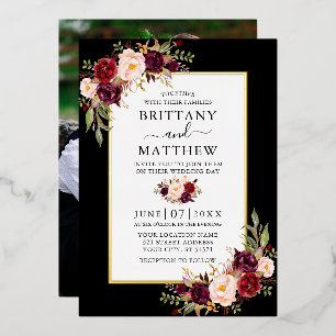 Aquarell-Blumen-Foto-Hochzeit Schwarz Gold Folieneinladung