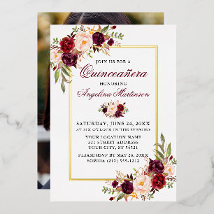 Aquarell-Blumen-Foto Quinceanera Gold Folieneinladung