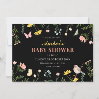 Aquarell-Blumen-Frühling-Baby-Party in Schwarz Einladung