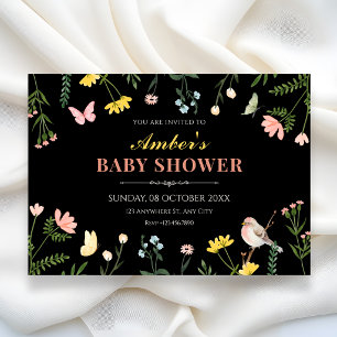 Aquarell-Blumen-Frühling-Baby-Party in Schwarz Einladung