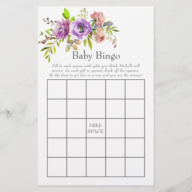 Aquarell-Blumen-Frühling-Baby-Shower-Bingo (Vorderseite)