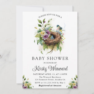 Aquarell-Blumen-Frühlings-Vogelnest-Baby-Party Einladung