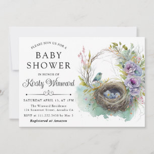 Aquarell-Blumen-Frühlings-Vogelnest-Baby-Party Einladung