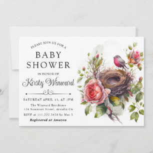 Aquarell Blumen Frühlings Vogelnest Babyparty Einladung