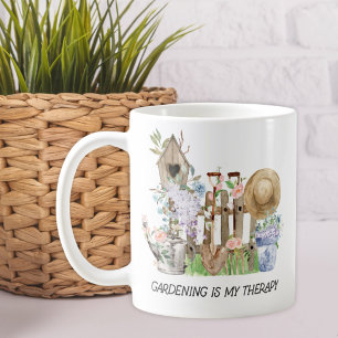 Aquarell-Blumen-Gartengeräte und Zitat Kaffeetasse