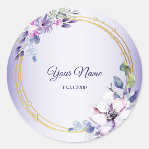 Aquarell Blumen Geometrisch Golden Lila Hochzeit Runder Aufkleber