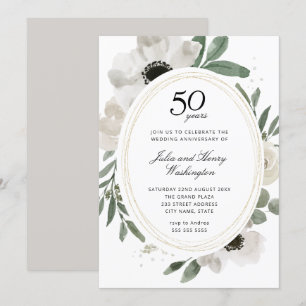Aquarell-Blumen-Gold 50. Hochzeitstag Einladung