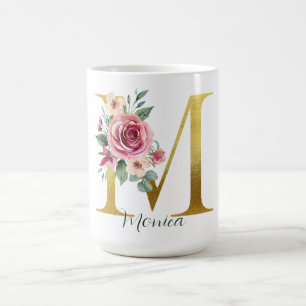 Aquarell-Blumen & Gold Buchstabe M, Name Kaffeetasse