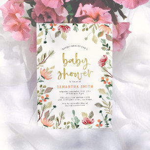 Aquarell-Blumen & Gold-Buchstaben-Baby-Party Einladung