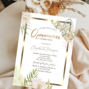 Aquarell-Blumen Goldrahmen Quinceañera Einladung