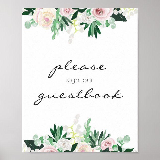 Aquarell-Blumen-Grün-Gästebuch-Hochzeit Poster (Vorne)