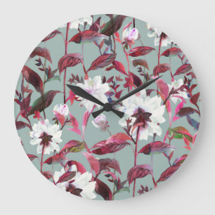 Aquarell-Blumen: Handgezeichnete Blüten. Große Wanduhr