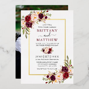 Aquarell-Blumen-Hochzeit-Burgunder-Foto-Gold Folieneinladung