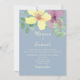 Aquarell-Blumen-Hochzeit Gelb Lila Staubblau Einladung
