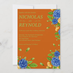 Aquarell-Blumen-Hochzeit in Blau und verbranntem O Einladung
