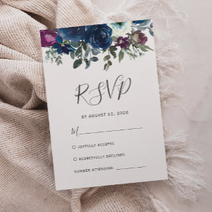Aquarell-Blumen-Hochzeit in Pflaumenblau und Marin RSVP Karte