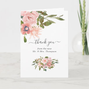 Aquarell-Blumen-Hochzeit in Rosé und Roségold Dankeskarte