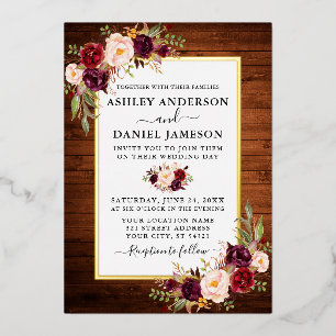 Aquarell-Blumen-Hochzeit Rustikal Holz Gold Folieneinladung