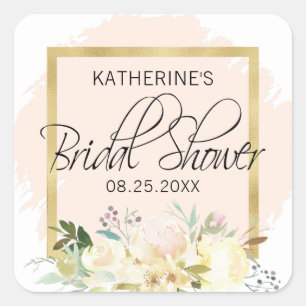 Aquarell-Blumen-Hochzeitsdusche in Rosa und Gold Quadratischer Aufkleber