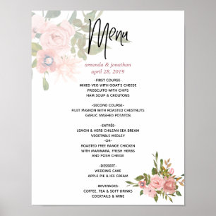 Aquarell-Blumen-Hochzeitsmenü in Rosé und Roségold Poster