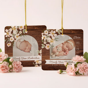 Aquarell-Blumen-Holzmaserung-Baby-Geburtsstatistik Keramikornament