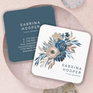 Aquarell-Blumen Indigo Beige abgerundete Ecken Quadratische Visitenkarte