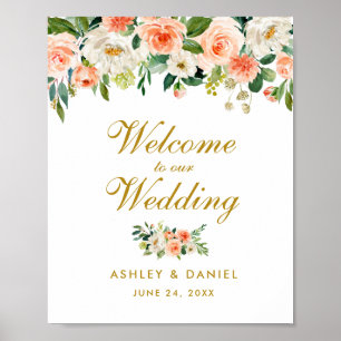 Aquarell-Blumen-Korallen-Hochzeit-Willkommen-Gold Poster