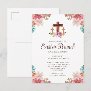 Aquarell-Blumen-Kreuz Ostern Brunch Einladungspostkarte