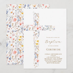 Aquarell-Blumen-Kreuz-Tauf-Einladung Einladung