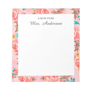 Aquarell-Blumen-Lehrer-Würdigungsscript-Name Notizblock