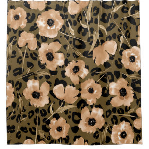 Aquarell-Blumen-Leopard: Endloses Muster Duschvorhang