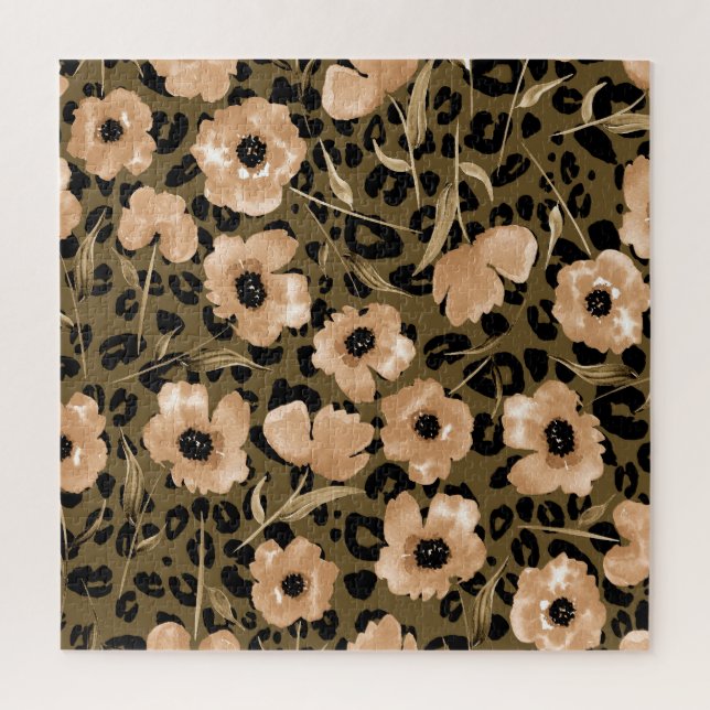 Aquarell-Blumen-Leopard: Endloses Muster Puzzle (Vertikal)